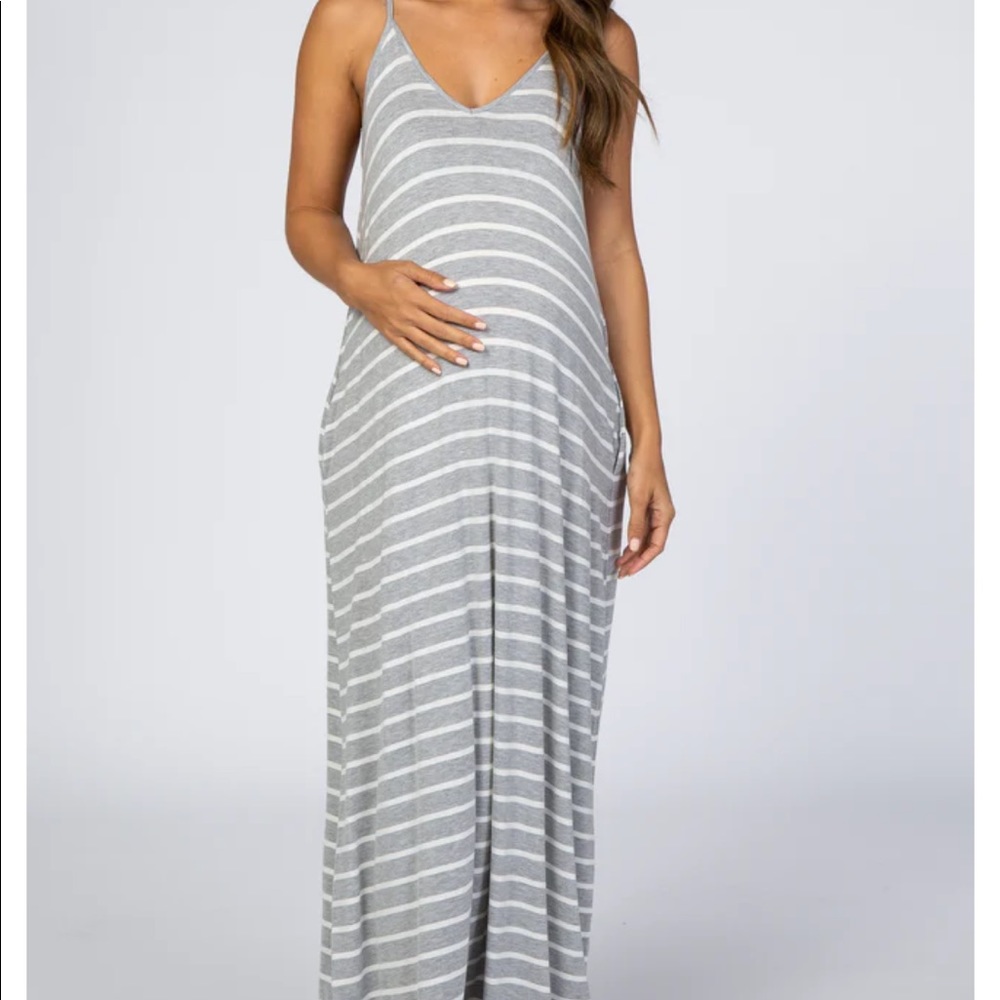 Heather Grey Striped Cami Strap Maternity Maxi Dress -  S - PinkBlush